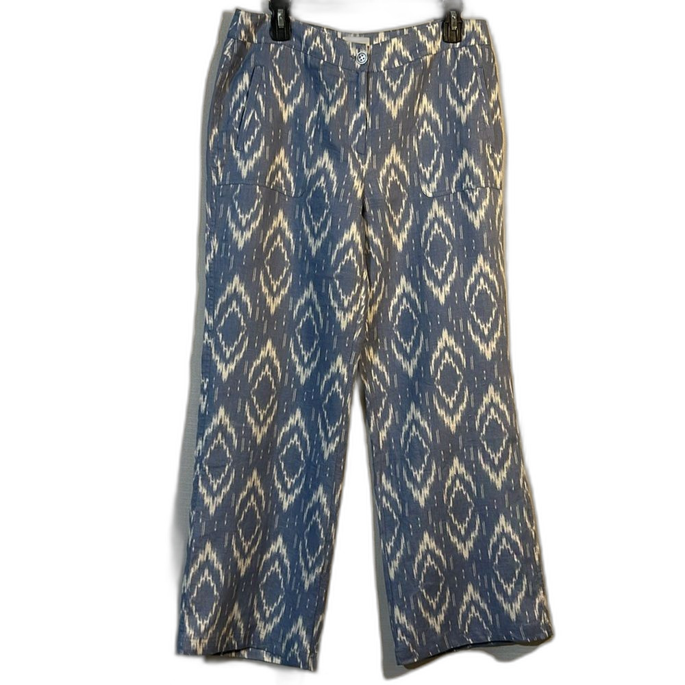 CHICOS Women's Blue White Linen Casual Resort Beach Pants Size XS